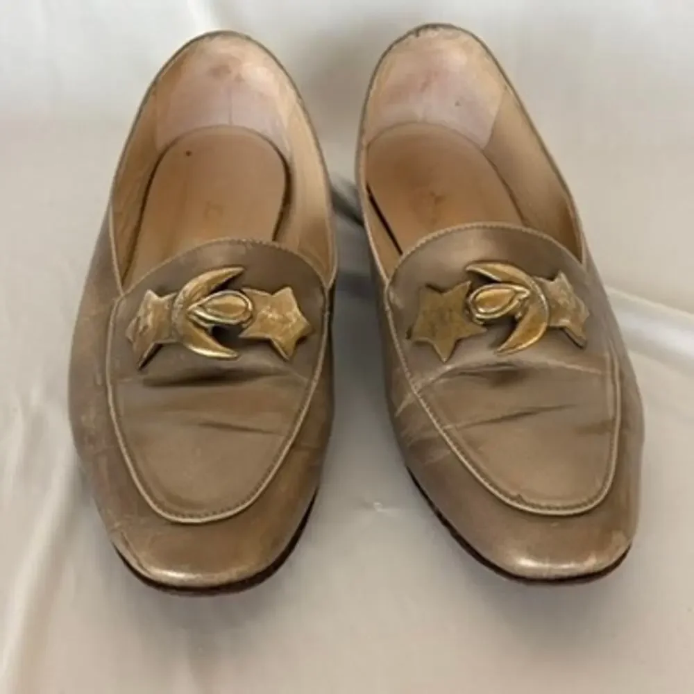 John David Metallic Gold Loafers - Moon & Star Hardware, Size 7.5, Italy
